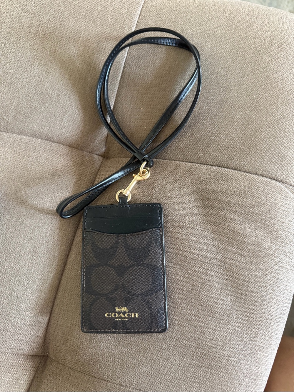 Coach Brown Signature ID Holder with Black Strap and Gold Hardware